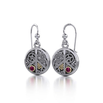 Peace Sign Steampunk Silver and 14K Gold Accent Earrings MER1373 - Jewelry